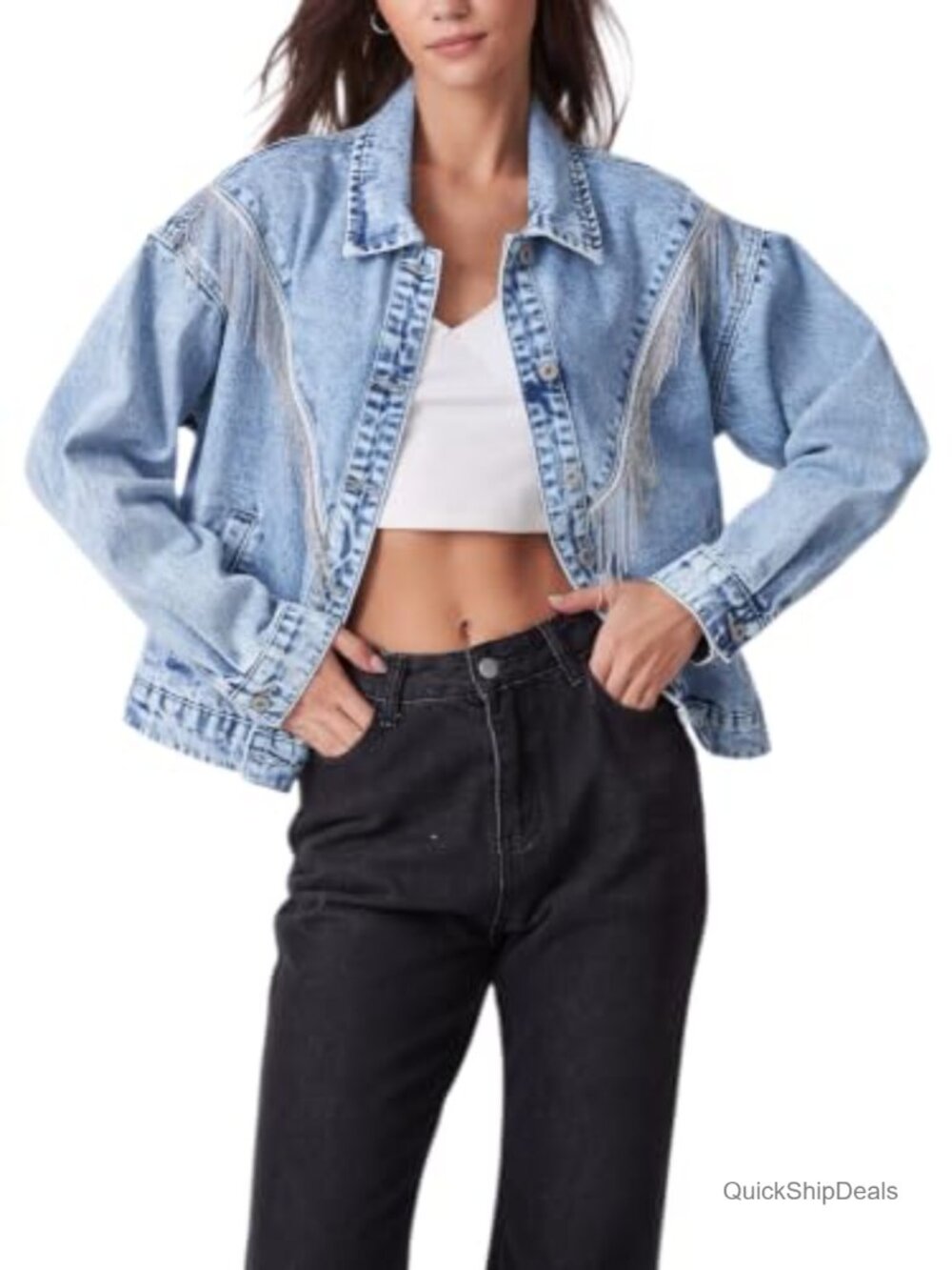 Fringe Denim Jacket Button Front Tassel Western Festival Cowgirl